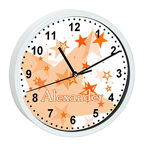 CreaDesign, WU-30-1030-16 Sterne Orange Wanduhr für Kinderzimmer, lautloses Uhrwerk ohne Ticken, personalisierbar mit Namen, Rahmen weiß, Durchmesser 19,5 cm von CreaDesign