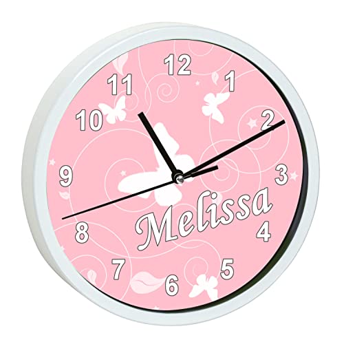 CreaDesign, WU-30-1032-41 Schmetterling Rosa Wanduhr für Kinderzimmer, lautloses Uhrwerk ohne Ticken, personalisierbar mit Namen, Rahmen weiß, Durchmesser 19,5 cm von CreaDesign