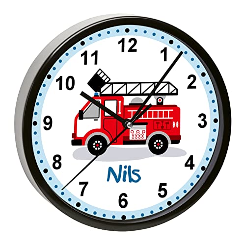 CreaDesign, WU-31-1023 Feuerwehr Wanduhr für Kinderzimmer, lautloses Uhrwerk ohne Ticken, personalisierbar mit Namen, Rahmen schwarz, Durchmesser 19,5 cm von CreaDesign