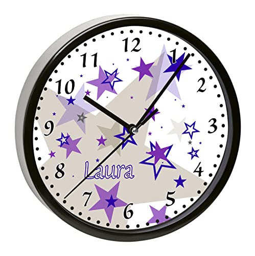 CreaDesign, WU-31-1030-56 Sterne Rot Grau Wanduhr für Kinderzimmer, lautloses Uhrwerk ohne Ticken, personalisierbar mit Namen, Rahmen schwarz, Durchmesser 19,5 cm von CreaDesign