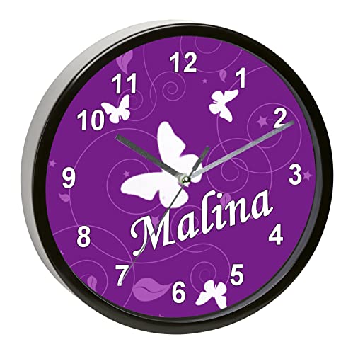 CreaDesign, WU-31-1032-05 Schmetterling LilaWanduhr für Kinderzimmer, lautloses Uhrwerk ohne Ticken, personalisierbar mit Namen, Rahmen schwarz, Durchmesser 19,5 cm von CreaDesign