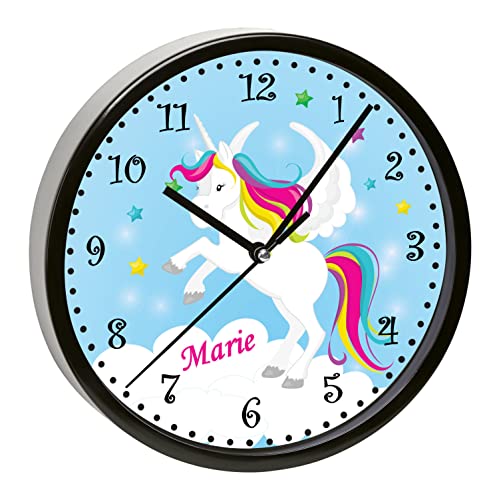 CreaDesign, WU-31-1034-01 Einhorn Rot Wanduhr für Kinderzimmer, lautloses Uhrwerk ohne Ticken, personalisierbar mit Namen, Rahmen schwarz, Durchmesser 19,5 cm von CreaDesign