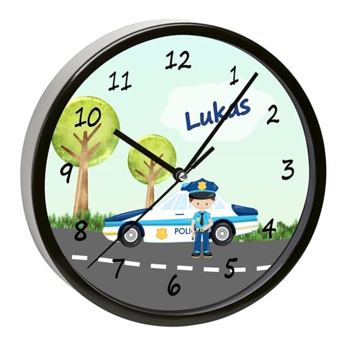 CreaDesign, WU-31-1049 Polizei Wanduhr für Kinderzimmer, lautloses Uhrwerk ohne Ticken, personalisierbar mit Namen, Rahmen schwarz, Durchmesser 19,5 cm von CreaDesign