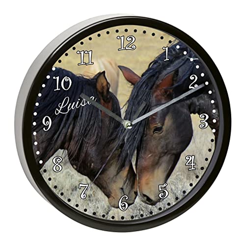 CreaDesign, WU-31-1116 Pferd Wanduhr für Kinderzimmer, lautloses Uhrwerk ohne Ticken, personalisierbar mit Namen, Rahmen schwarz, Durchmesser 19,5 cm von CreaDesign