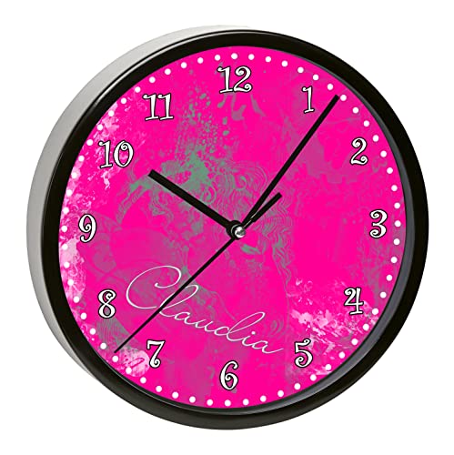 CreaDesign, WU-31-1117-36 Phantasie Pink Wanduhr für Kinderzimmer, lautloses Uhrwerk ohne Ticken, personalisierbar mit Namen, Rahmen schwarz, Durchmesser 19,5 cm von CreaDesign