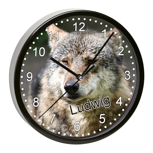 CreaDesign, WU-31-1118 Wolf Wanduhr für Kinderzimmer, lautloses Uhrwerk ohne Ticken, personalisierbar mit Namen, Rahmen schwarz, Durchmesser 19,5 cm von CreaDesign