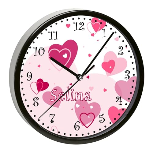 CreaDesign, WU-31-1123-02 Herz Rosa Wanduhr für Kinderzimmer, lautloses Uhrwerk ohne Ticken, personalisierbar mit Namen, Rahmen schwarz, Durchmesser 19,5 cm von CreaDesign