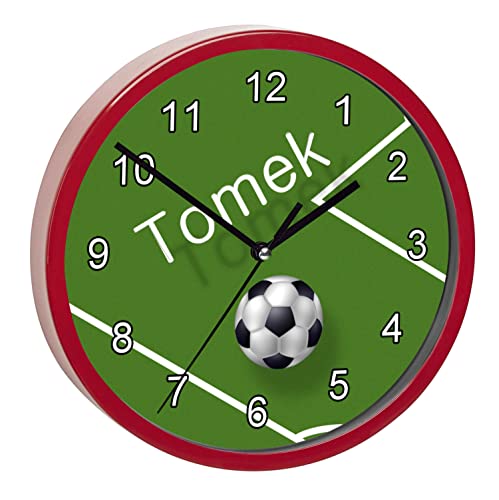 CreaDesign, WU-32-1019 Fußball Wanduhr für Kinderzimmer, lautloses Uhrwerk ohne Ticken, personalisierbar mit Namen, Rahmen rot, Durchmesser 19,5 cm von CreaDesign