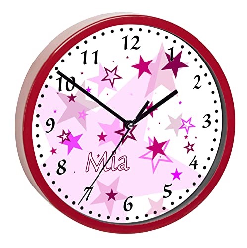 CreaDesign, WU-32-1030-02 Sterne RosaWanduhr für Kinderzimmer, lautloses Uhrwerk ohne Ticken, personalisierbar mit Namen, Rahmen rot, Durchmesser 19,5 cm von CreaDesign