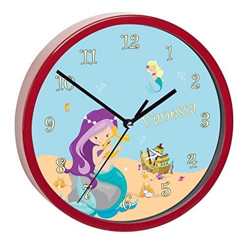 CreaDesign, WU-32-1035 Meerjungfrau Wanduhr für Kinderzimmer, lautloses Uhrwerk ohne Ticken, personalisierbar mit Namen, Rahmen rot, Durchmesser 19,5 cm von CreaDesign