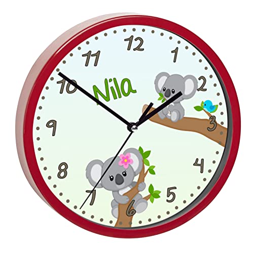 CreaDesign, WU-32-1081-00 Koala Bär Blau Wanduhr für Kinderzimmer, lautloses Uhrwerk ohne Ticken, personalisierbar mit Namen, Rahmen rot, Durchmesser 19,5 cm von CreaDesign