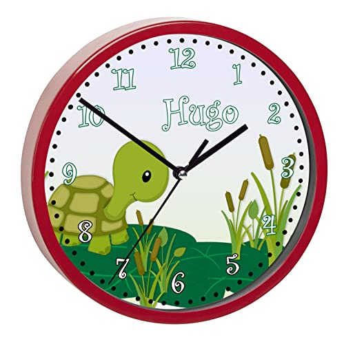 CreaDesign, WU-32-1085 SchildkröteWanduhr für Kinderzimmer, lautloses Uhrwerk ohne Ticken, personalisierbar mit Namen, Rahmen rot, Durchmesser 19,5 cm von CreaDesign