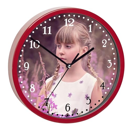 CreaDesign, WU-32-1087 mit Wunsch-Foto/Bild Wanduhr für Kinderzimmer, lautloses Uhrwerk ohne Ticken, personalisierbar mit Namen, Rahmen rot, Durchmesser 19,5 cm von CreaDesign