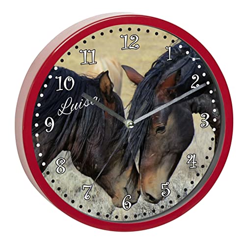 CreaDesign, WU-32-1116 Pferd Wanduhr für Kinderzimmer, lautloses Uhrwerk ohne Ticken, personalisierbar mit Namen, Rahmen rot, Durchmesser 19,5 cm von CreaDesign