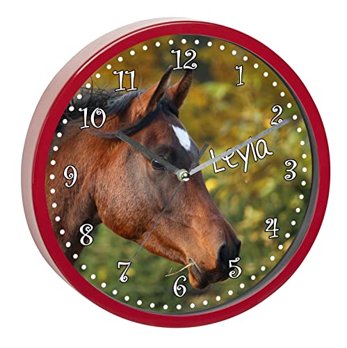 CreaDesign, WU-32-1120 Pferd Wanduhr für Kinderzimmer, lautloses Uhrwerk ohne Ticken, personalisierbar mit Namen, Rahmen rot, Durchmesser 19,5 cm von CreaDesign