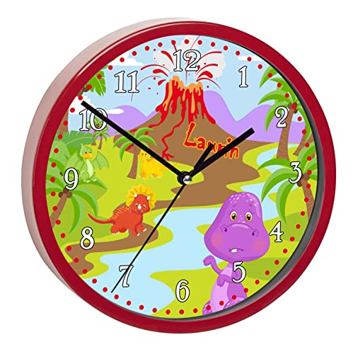CreaDesign, WU-32-1122 Dinosaurier Wanduhr für Kinderzimmer, lautloses Uhrwerk ohne Ticken, personalisierbar mit Namen, Rahmen rot, Durchmesser 19,5 cm von CreaDesign