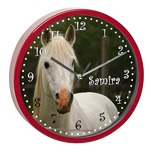 CreaDesign, WU-32-1134 Pferd Wanduhr für Kinderzimmer, lautloses Uhrwerk ohne Ticken, personalisierbar mit Namen, Rahmen rot, Durchmesser 19,5 cm von CreaDesign