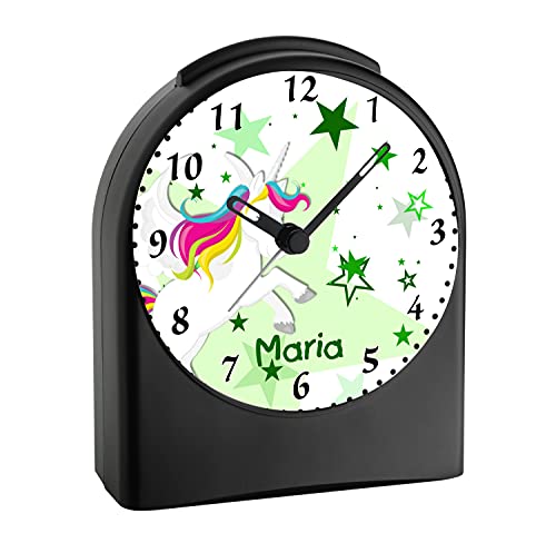 CreaDesign, WU-50-1129-04, Einhorn Farbe Grün, analog Kinderwecker schwarz, Funkwecker ohne Ticken, mit Licht, personalisiert mit Namen, 9,6 x 5,5 x 11,9 cm, 104 g von CreaDesign