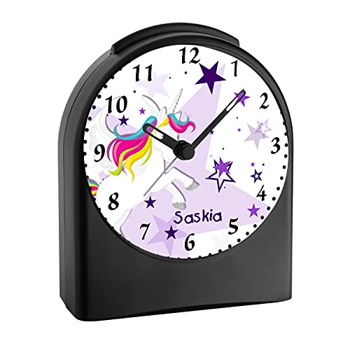 CreaDesign, WU-50-1129-05, Einhorn Farbe Lila, analog Kinderwecker schwarz, Funkwecker ohne Ticken, mit Licht, personalisiert mit Namen, 9,6 x 5,5 x 11,9 cm, 104 g von CreaDesign