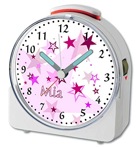 CreaDesign, WU-71-1030-02, Sterne Rosa, analog Kinderwecker weiß, Funkwecker mit Sweep-Uhrwerk und fluoreszierenden Zeiger und Licht, personlisiert mit Namen, 10,2 x 4,6 x 11 cm von CreaDesign