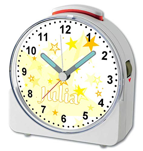 CreaDesign, WU-71-1030-03, Sterne Gelb, analog Kinderwecker weiß, Funkwecker mit Sweep-Uhrwerk und fluoreszierenden Zeiger und Licht, personlisiert mit Namen, 10,2 x 4,6 x 11 cm von CreaDesign