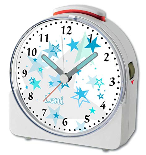 CreaDesign, WU-71-1030-13, Sterne Türkis, analog Kinderwecker weiß, Funkwecker mit Sweep-Uhrwerk und fluoreszierenden Zeiger und Licht, personlisiert mit Namen, 10,2 x 4,6 x 11 cm von CreaDesign