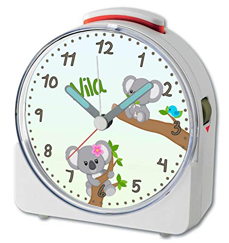 CreaDesign, WU-71-1081-01, Koala, analog Kinderwecker weiß, Funkwecker mit Sweep-Uhrwerk und fluoreszierenden Zeiger und Licht, personlisiert mit Namen, 10,2 x 4,6 x 11 cm von CreaDesign