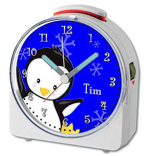 CreaDesign, WU-71-1121-01, Pinguin Blau, analog Kinderwecker weiß, Funkwecker mit Sweep-Uhrwerk und fluoreszierenden Zeiger und Licht, personlisiert mit Namen, 10,2 x 4,6 x 11 cm von CreaDesign