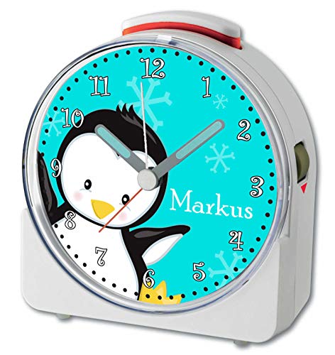 CreaDesign, WU-71-1121-13, Pinguin Türkis, analog Kinderwecker weiß, Funkwecker mit Sweep-Uhrwerk und fluoreszierenden Zeiger und Licht, personlisiert mit Namen, 10,2 x 4,6 x 11 cm von CreaDesign