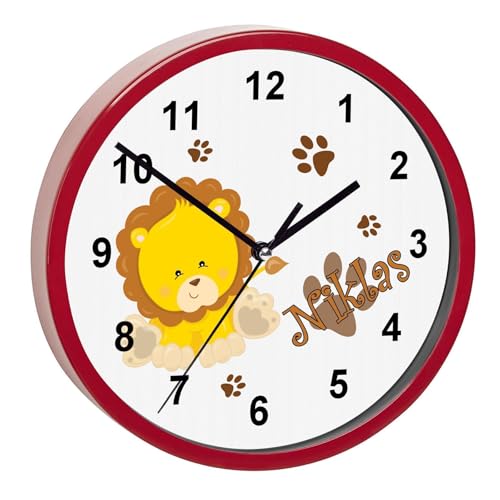 CreaDesign, Wanduhr Kinder personalisiert mit Name, Motiv Löwe, Rahmen Wanduhr rot, Ø 19,5 cm von CreaDesign