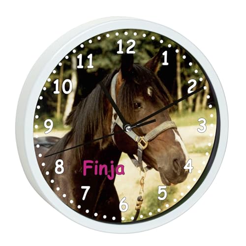 CreaDesign, Wanduhr für Kinderzimmer Pferd Orignial, Kinderuhr weiß mit Quarz Uhrwerk, personalisiert mit Name, Durchmesser 19,5 cm von CreaDesign