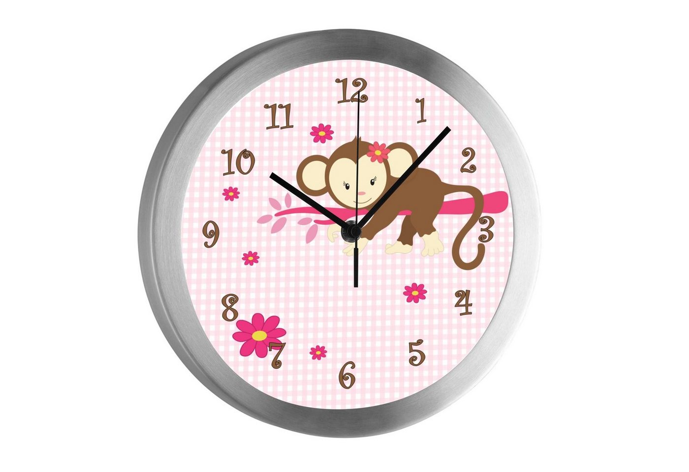 CreaDesign Funkwanduhr Funkuhr, Kinder Wanduhr, Kinderuhr, Kinderzimmer Affe hängend rosa (geräuscharmes Uhrwerk) von CreaDesign