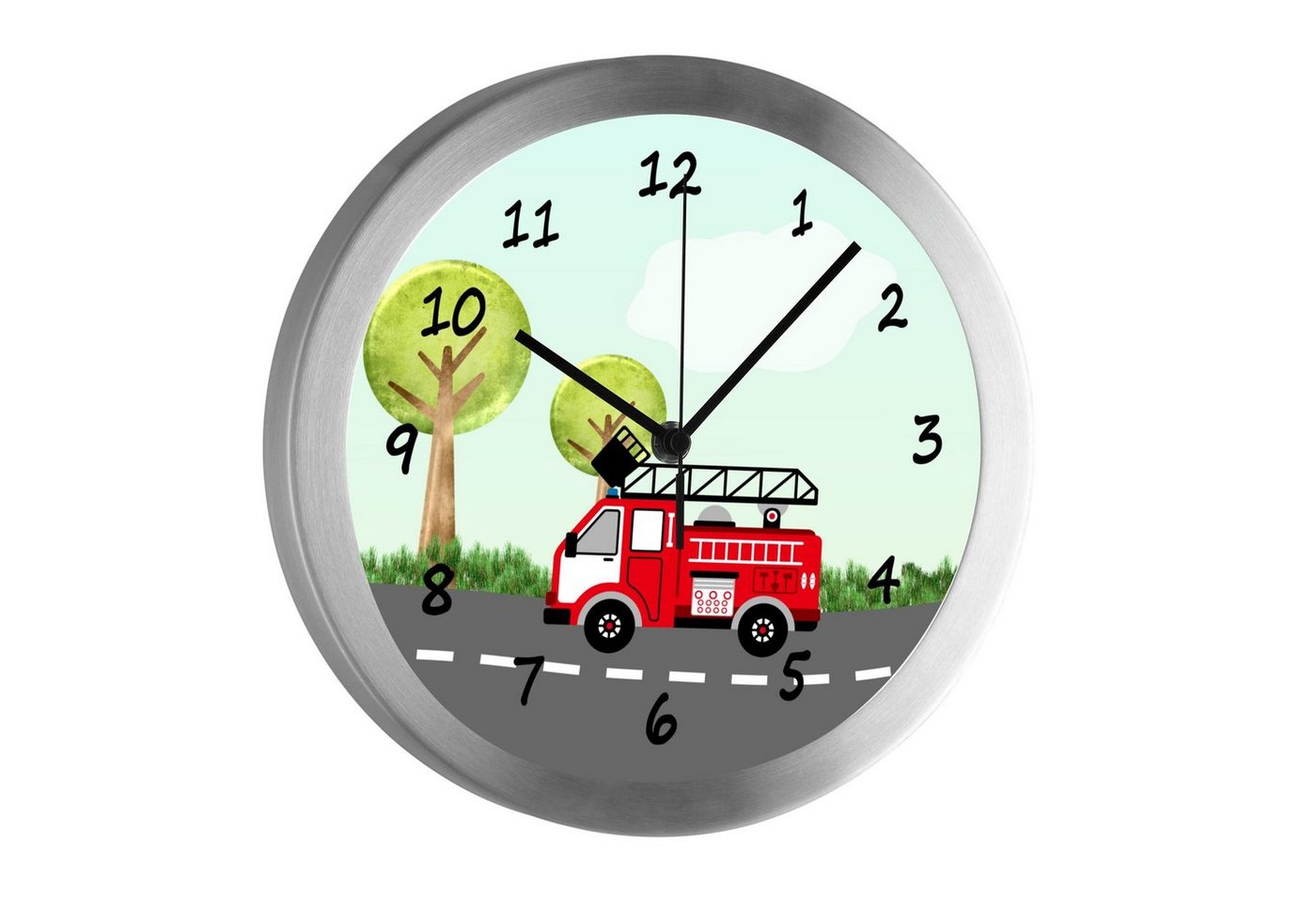 CreaDesign Funkwanduhr Funkuhr, Kinder Wanduhr, Kinderuhr, Kinderzimmer Feuerwehr Landschaft (geräuscharmes Uhrwerk) von CreaDesign