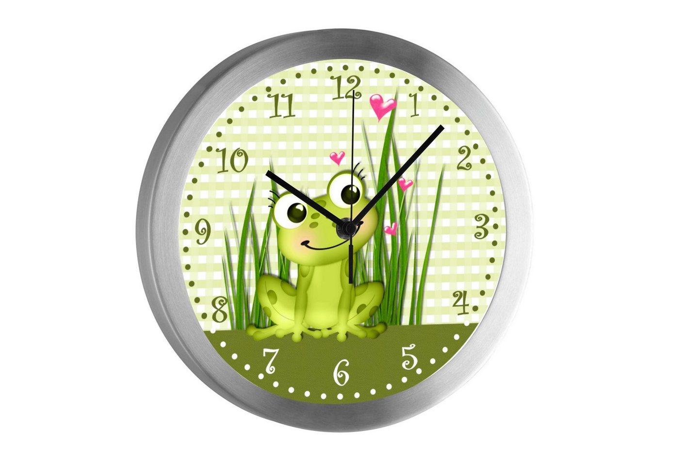 CreaDesign Funkwanduhr Funkuhr, Kinder Wanduhr, Kinderuhr, Kinderzimmer Frosch-Graß-Karo (geräuscharmes Uhrwerk) von CreaDesign