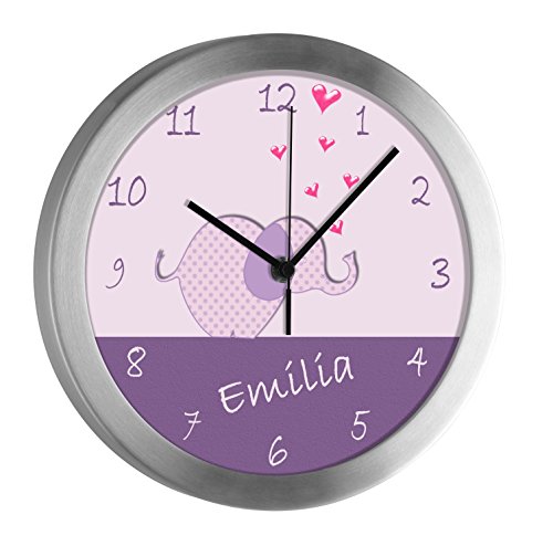 CreaDesign Kinder Funkwanduhr mit (Wunsch) Namen | Kinderzimmer Funkuhr| mit Analog ? Ziffernblatt | geräuscharm | Wanduhr Kind | Motiv Elefant von CreaDesign