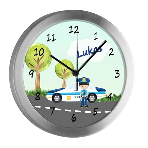 CreaDesign Kinder Funkwanduhr mit (Wunsch) Namen | Kinderzimmer Funkuhr| mit Analog ? Ziffernblatt | geräuscharm | Wanduhr Kind | Motiv Polizei von CreaDesign