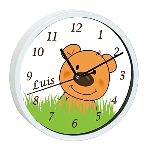 CreaDesign WU-30-1016 Teddy Bär Wanduhr für Kinderzimmer, lautloses Uhrwerk ohne Ticken, personalisierbar mit Namen; Rahmen weiß, Durchmesser 19,5 cm von CreaDesign