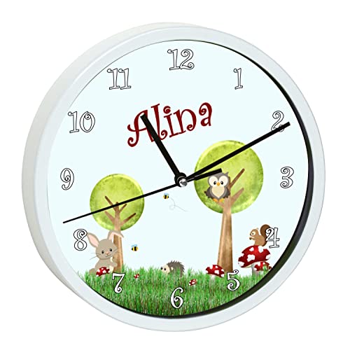 CreaDesign WU-30-1017 Wald Tiere Wanduhr für Kinderzimmer, lautloses Uhrwerk ohne Ticken, personalisierbar mit Namen; Rahmen weiß, Durchmesser 19,5 cm von CreaDesign