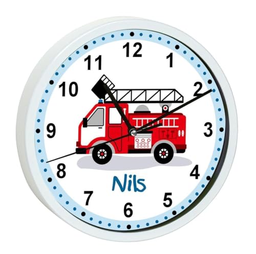 CreaDesign WU-00-1023, Feuerwehr Wanduhr für Kinderzimmer, personalisierbar mit Namen; Rahmen weiß, Durchmesser 19,5 cm von CreaDesign