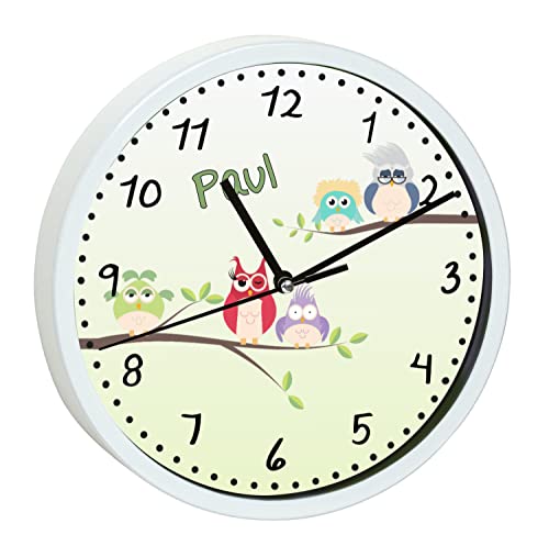 CreaDesign WU-00-1026, Eule Wanduhr für Kinderzimmer, personalisierbar mit Namen; Rahmen weiß, Durchmesser 19,5 cm von CreaDesign