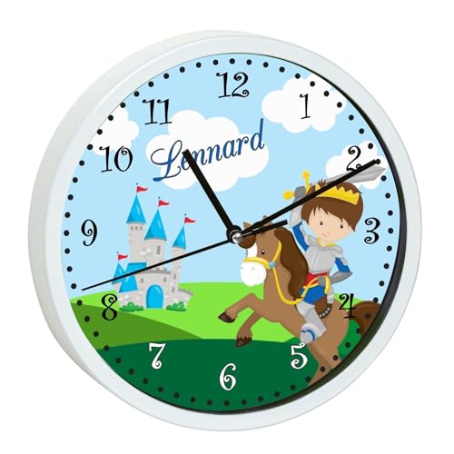 CreaDesign WU-00-1047 Ritter Wanduhr für Kinderzimmer, personalisierbar mit Namen; Rahmen weiß, Durchmesser 19,5 cm von CreaDesign