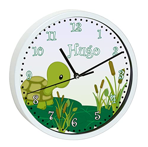 CreaDesign WU-00-1085, Schildkröte Wanduhr für Kinderzimmer, personalisierbar mit Namen, Rahmen weiß, Durchmesser 19,5 cm von CreaDesign