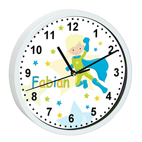 CreaDesign WU-00-1091, Superheld Wanduhr für Kinderzimmer, personalisierbar mit Namen; Rahmen weiß, Durchmesser 19,5 cm von CreaDesign