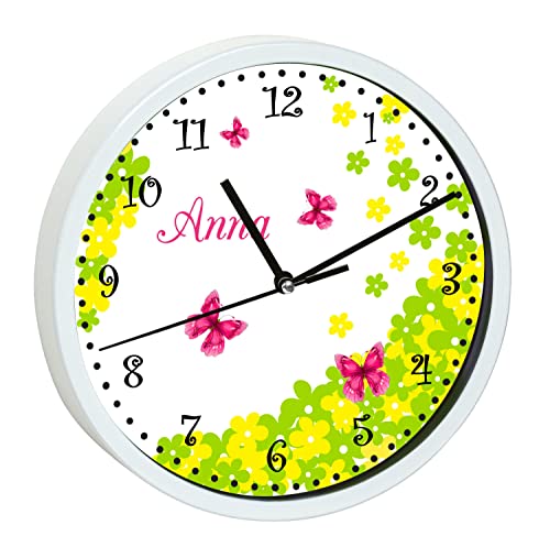 CreaDesign WU-00-1096, Schmetterling Wanduhr für Kinderzimmer, personalisierbar mit Namen; Rahmen weiß, Durchmesser 19,5 cm von CreaDesign