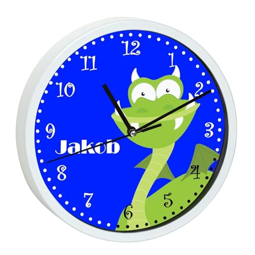 CreaDesign WU-00-1103, Drache Grün Wanduhr für Kinderzimmer, personalisierbar mit Namen; Rahmen weiß, Durchmesser 19,5 cm von CreaDesign