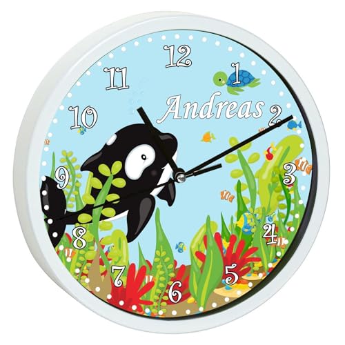 CreaDesign WU-00-1108, Wal / Fisch Wanduhr für Kinderzimmer, personalisierbar mit Namen; Rahmen weiß, Durchmesser 19,5 cm von CreaDesign