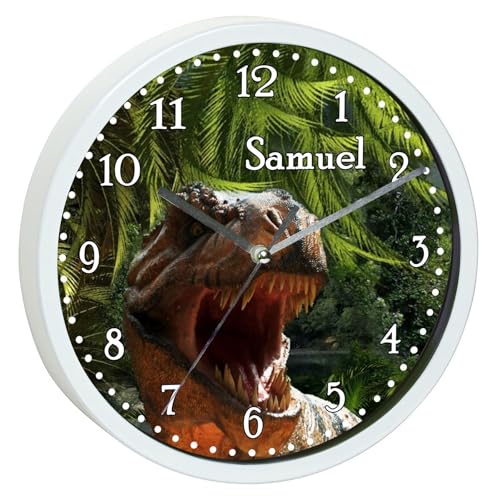 CreaDesign WU-00-1124, T-Rex Dinosaurier Wanduhr für Kinderzimmer, personalisierbar mit Namen; Rahmen weiß, Durchmesser 19,5 cm von CreaDesign