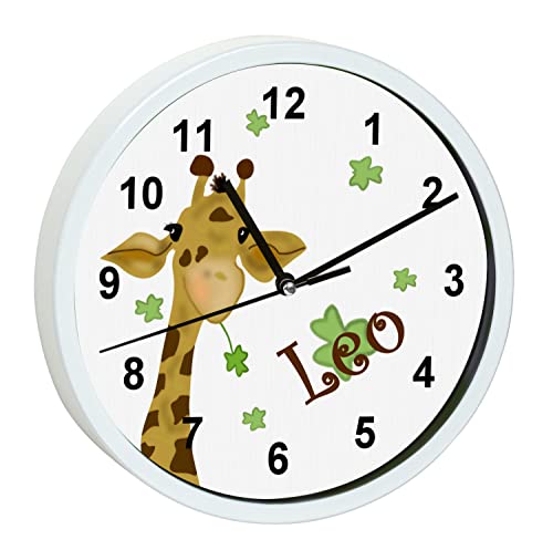 CreaDesign WU-30-1012 Giraffe Wanduhr für Kinderzimmer, lautloses Uhrwerk ohne Ticken, personalisierbar mit Namen; Rahmen weiß, Durchmesser 19,5 cm von CreaDesign