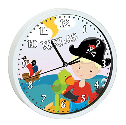 CreaDesign WU-30-1014 Pirat Wanduhr für Kinderzimmer, lautloses Uhrwerk ohne Ticken, personalisierbar mit Namen; Rahmen weiß, Durchmesser 19,5 cm von CreaDesign