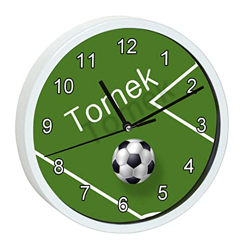 CreaDesign WU-30-1019 Fußball Wanduhr für Kinderzimmer, lautloses Uhrwerk ohne Ticken, personalisierbar mit Namen; Rahmen weiß, Durchmesser 19,5 cm von CreaDesign